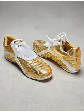 Gold & White Athletic Sneakers With Quilted Design & Lace-Up Closure